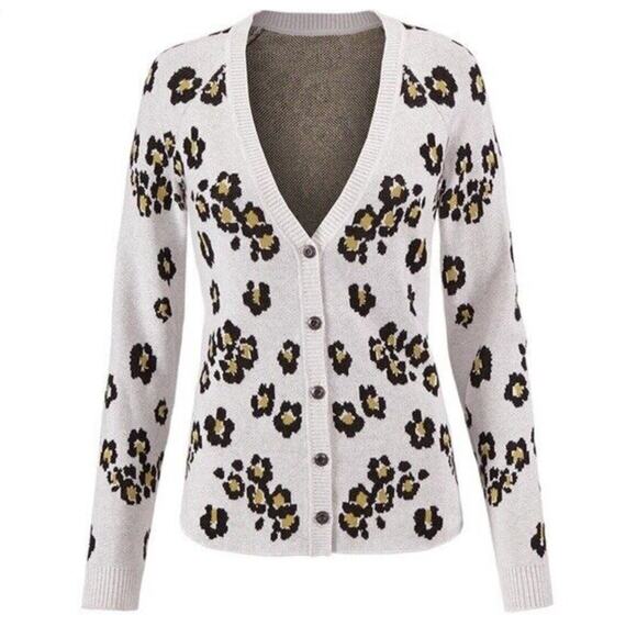 Cabi Gray Kiki Leopard Cardigan Button Down Sweater - Picture 3 of 12
